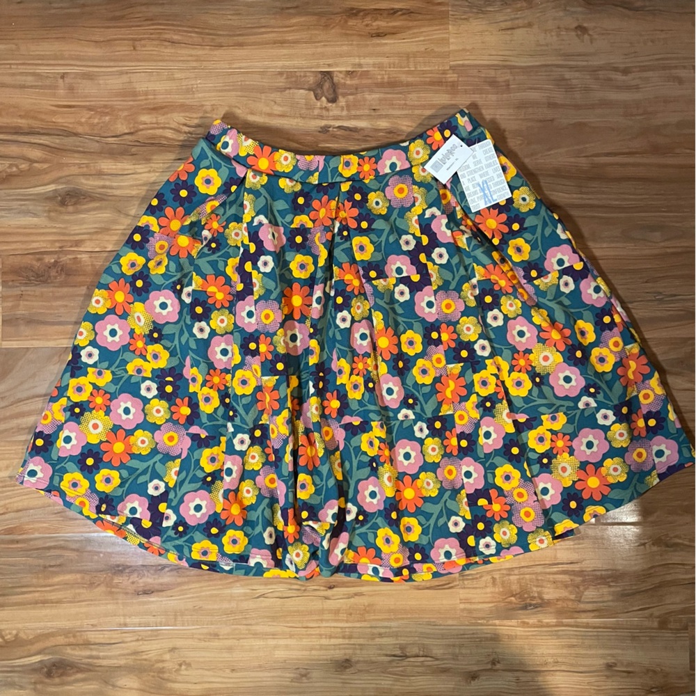 LuLaRoe Yellow Pink Skater Mini Skirt Pleated Casual